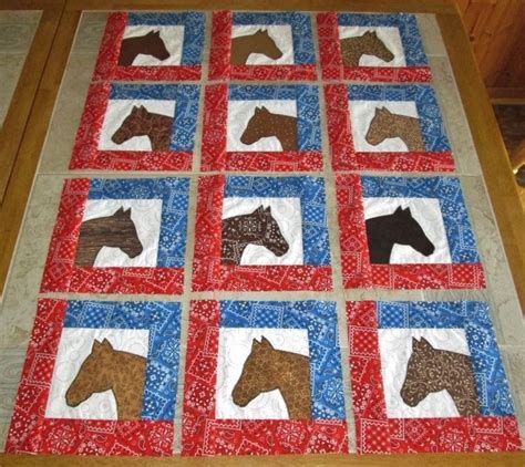 Set Of 12 Pieced And Appliqued Western Cowboy Horse Head Quilt Blocks W
