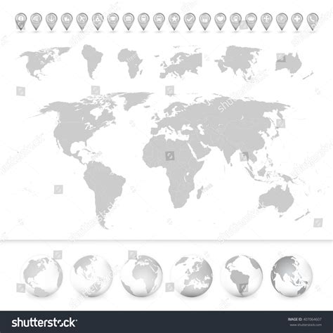 Detailed Blank World Map Continents Globes เวกเตอร์สต็อก ปลอดค่า