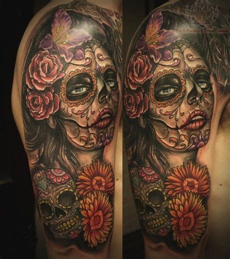 Flowers And Sugar Skull Tattoo On Half Sleeve 554×623 Sugar