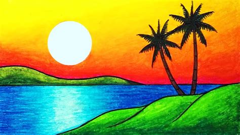 How To Draw Beautiful Sunset Easy Sunset Scenery Drawing