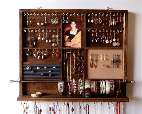Jewelry Holder Large Earrings Display With Shelf Walnut Jewellery