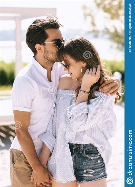 Boyfriend Kissing Girlfriend Forehead At City Stock Image Image Of