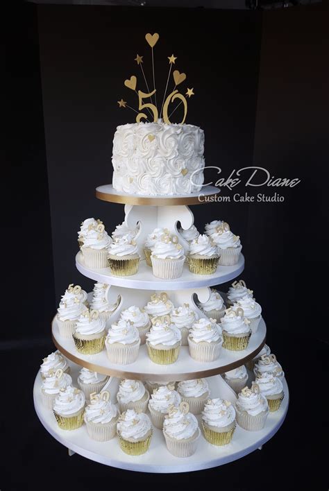 Golden 50th Anniversary Cupcake Tower With Rosette Top Cake 50th