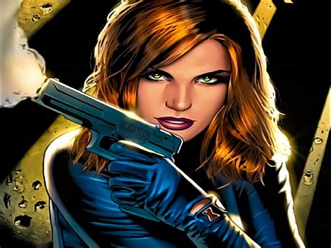 Comic Book Babe Firing Redhead Blacl Outfit Weapon Pouting Hd