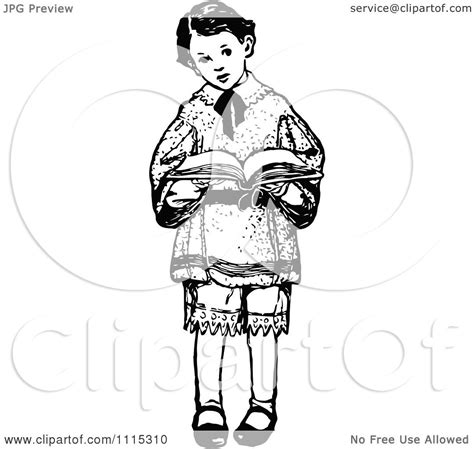 Clipart Vintage Black And White Boy Standing And Reading Royalty Free