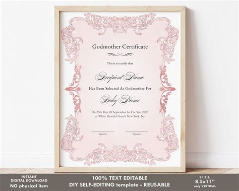 Editable Godmother Certificate Template Printable Baptism Etsy