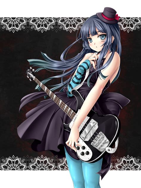 safebooru 1girl akiyama mio asymmetrical clothes bass guitar blue eyes blue hair blue legwear