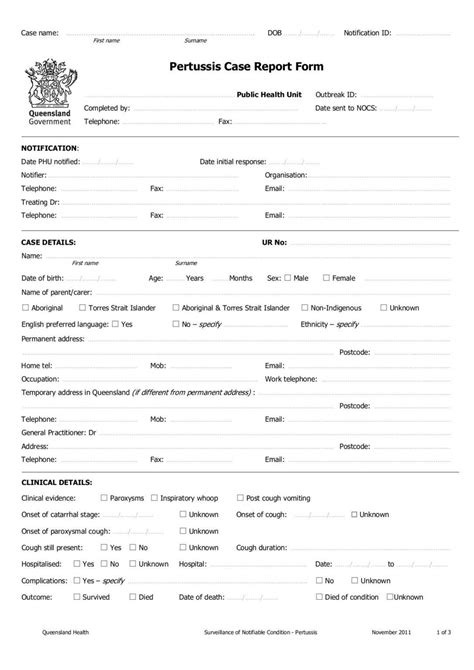 Pertussis Case Report Form Queensland Health In Case Report Form
