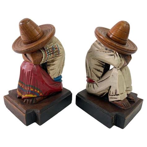 Vintage 1950s Mexican Carved Wood Sculpture Polychrome Bookends Siesta