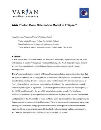 Aaa Photon Dose Calculation Model In Eclipsetm