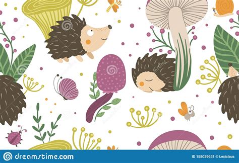 Vector Seamless Pattern Of Cartoon Style Hand Drawn Flat Hedgehogs In