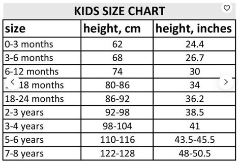 Kids Size Chart Cm
