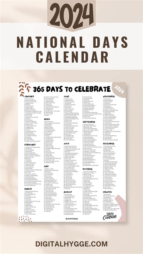 National Days and Holidays 2024 Printable PDF | National day calendar