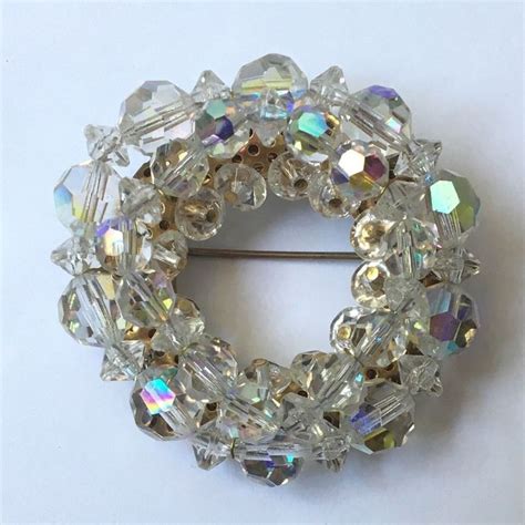 Vintage Aurora Borealis Circle Wreath Brooch Pin Beaded Ab Cluster
