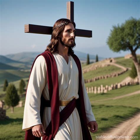 Jesus Christ With Cross In Calvary Landscape Stable Diffusion Online