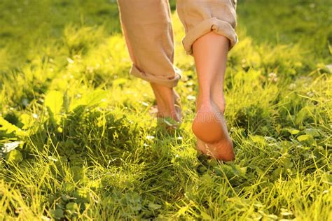 Woman Walking Barefoot On Green Grass Outdoors Closeup Stock Image
