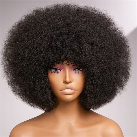 Fluffy Afro Kinky Curly Human Hair Wig Thick Bangs Afro Kinky Curly