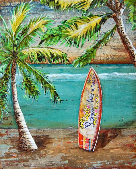 Surf Art Print Or Canvas Surfs Up Palm Trees Surfboard Hawaii Beach