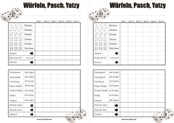 Würfelblatt, Pasch, Yahtzee, Yatzy, A5 (PDF) | Pdf-Vorlage ...
