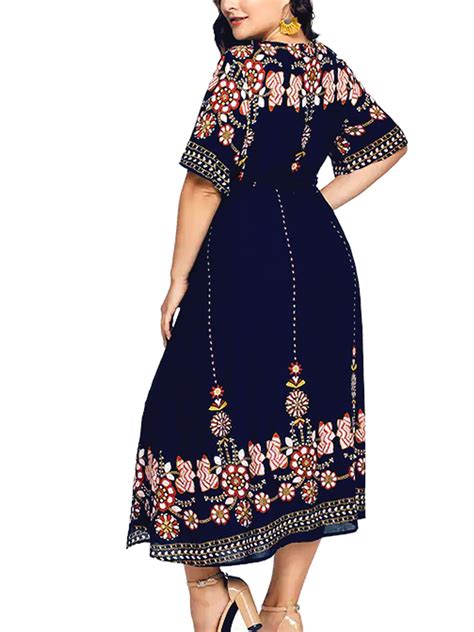 Cotonie Women Plus Size Summer V Neck Floral Print Boho Sleeveless Party Dress
