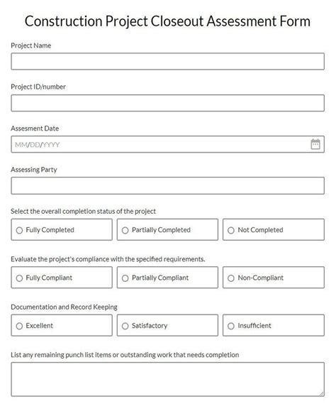 Free Construction Project Closeout Assessment Form Template
