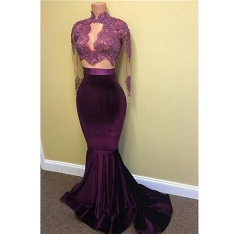 Long prom gown with strappy waistline and back. 2017 Sexy Purple 2 Piece Mermaid Velvet Prom Dresses Long ...