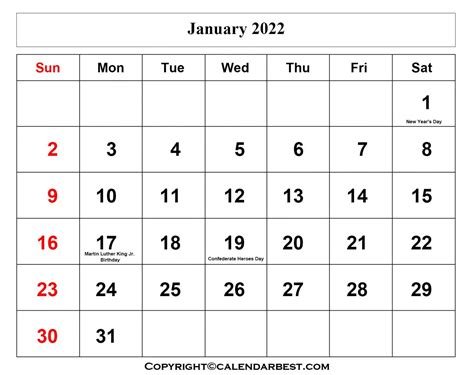 Free Printable January Calendar 2022 With Holidays
