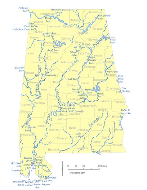 State Of Alabama Water Feature Map And List Of County