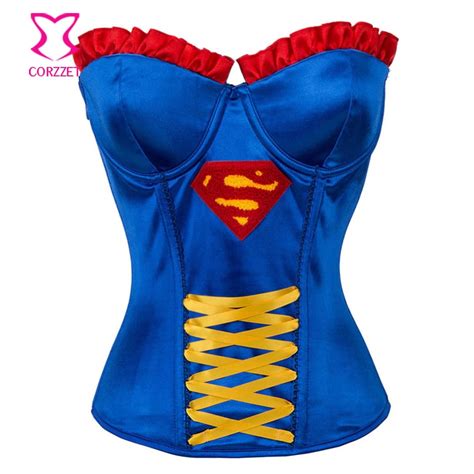 Burlesque Supergirl Superhero Costume Corset Sexy Overbust Corselete Feminino Espartilhos