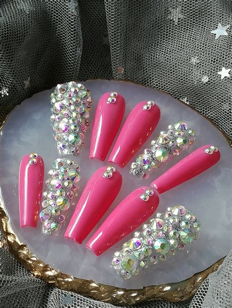 fuchsia pink and rhinestone press on nails glue on nails etsy uk
