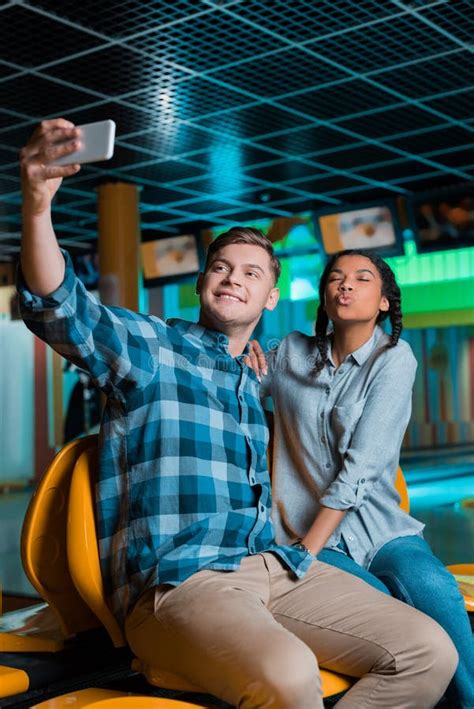 Cheerful Interracial Couple Taking Selfie On Stock Image Image Of Beautiful Togetherness