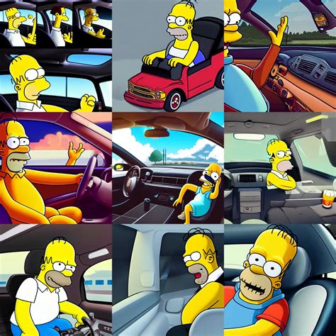 Homer Simpson Commuting To Work Driving On Highway Stable Diffusion