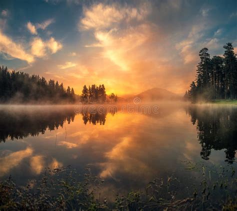 Morning Fog On The Lake Sunrise Shot Stock Image Image Of Calm