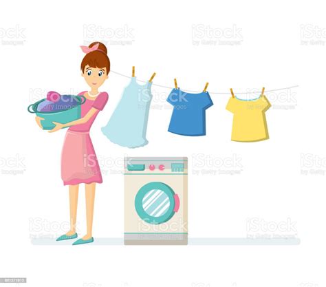 Frau Hausfrau Zeichen Frau Hausfrau Wäsche Waschen In Der Waschmaschine