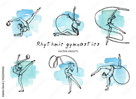 Vector Illustration Rhythmic Gymnastics Set Girls Gymnasts On Watercolor Background Pen Style