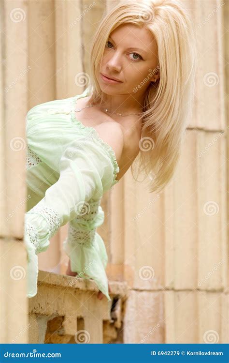 Fashionable Girl Standing Near Roman Style Column Stock Image Image Of Cute Grace 6942279