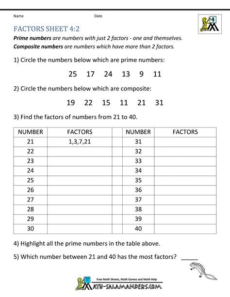 Factoring Numbers Worksheet 4th Grade