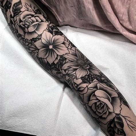 Black And Grey Flower Tattoo Sleeve