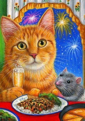 Aceo Original Cat Mouse New Year Good Luck Food Fireworks