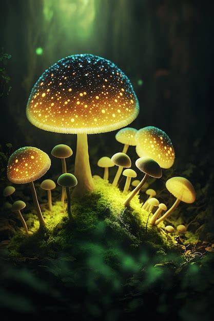Premium Ai Image Psychedelic Bioluminescent Mushrooms In The Dark Forest