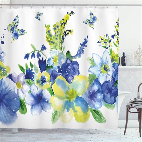 Yellow And Blue Shower Curtain Spring Flower Watercolor Flourishing