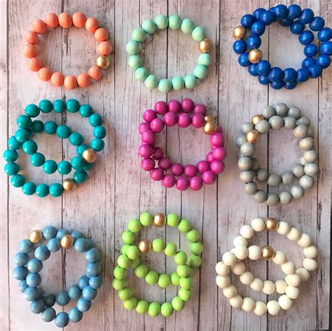 Colorful Wood Bead Bracelet Turquoise Blue Hot Pink Gray Etsy In