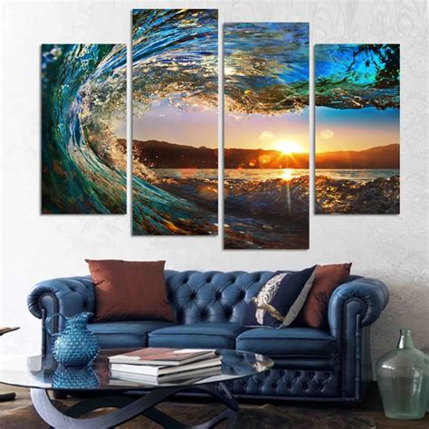4 Piece Canvas Art Wall Modern Printed Waves Painting Picture