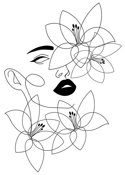 Face In Flowers Line Art Poster By Valeria Tsolova Displate Line