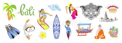 Set Of Symbols Bali Travel Religion Surfing And Snorkeling On The