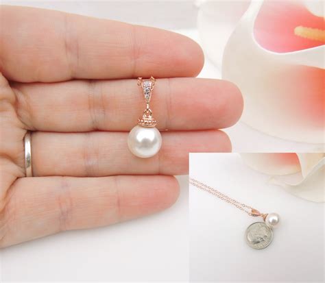 Rose Gold Pearl Bridal Necklace Pearl Solitare Bridal Necklace Etsy
