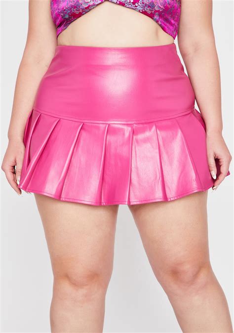 Plus Size High Waist Vegan Leather Mini Skirt Pleated Hem Pink Dolls