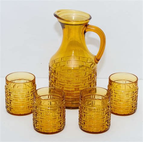 Mid Century Amber Glass Jug Cocktails Fruit Water Large Jug And 4 Glasses Tumblers Set Textured