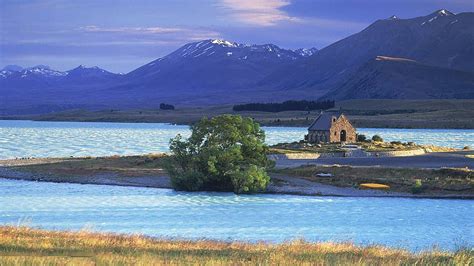 Lake Tekapo New Zealand Water Mountains Cabin Clouds Sky Hd