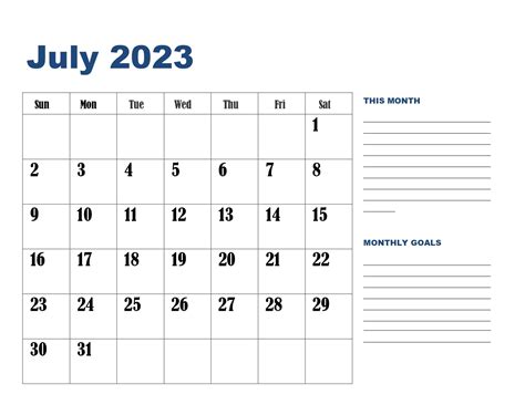 Free Download July 2023 Printable Calendar Templates Pdf